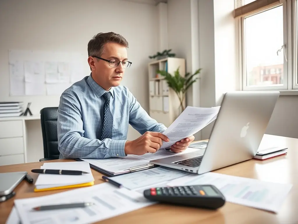 A professional accountant reviewing financial statements in a modern office setting, highlighting the attention to detail and expertise involved in preparing company accounts.